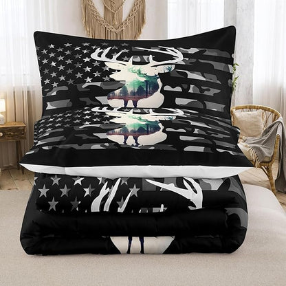 NINENINE Camo Deer Comforter Sets Hunting Comforter,Queen Size Bedding Sets for Boys, Western Comforter Sets Geometric Plaids Bedding Sets with 1 Comforter 2Pillowcases…