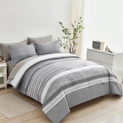 KAKIJUMN 5 Piece Bed in a Bag Stripe Comforter Set Twin Size, White Grey Patchwork Striped Comforter and Sheet Set, All Season Soft Microfiber Complete Bedding Set(Light Grey,Twin)