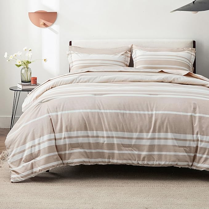 Bedsure Queen Comforter Set 7 Pieces, Light Camel Striped Bedding Set for All Seasons, Reversible, Cationic Dyeing Bed in a Bag with Comforter, Sheets, Pillowcases & Shams