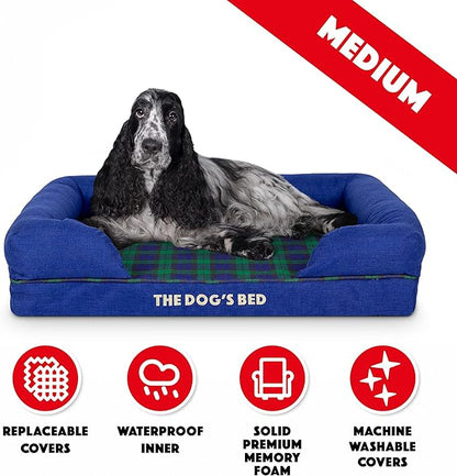 The Dog’s Bed Orthopedic Memory Foam Dog Bed with Bolsters, Oxford Fabric, Black Watch Tartan, M