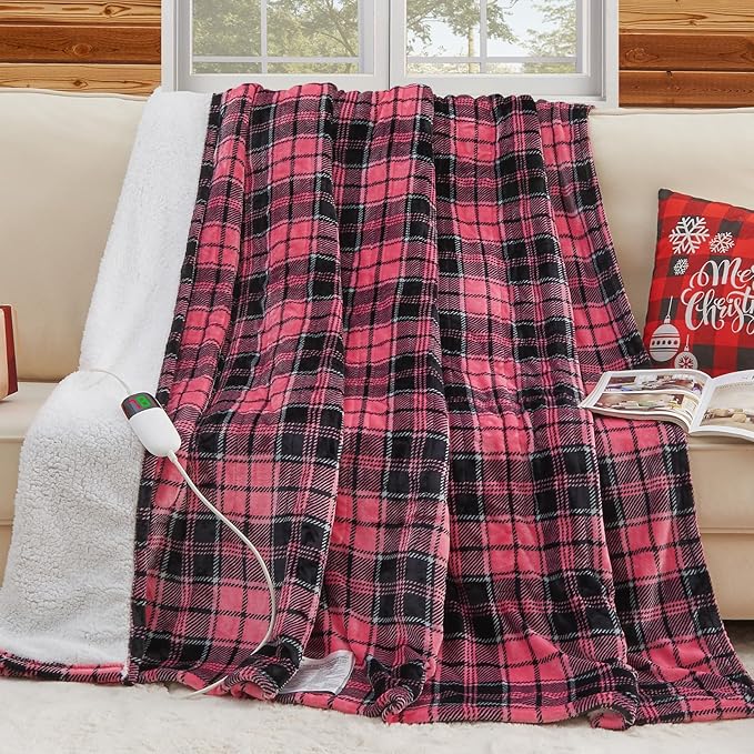 Pink Heated Blanket Electric Full Size,72X84 Heating Blanket with 10 Heats Levels&8 Hours Auto Off&Timer,Plaid Soft Sherpa Pink Blankets Warmer Gift for Grandma Women Adult,Fast Heating Washable