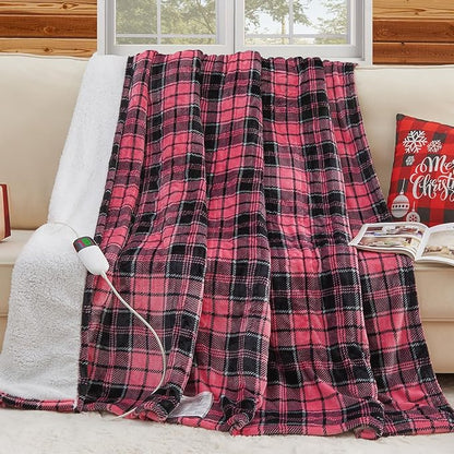 Pink Heated Blanket Electric Full Size,72X84 Heating Blanket with 10 Heats Levels&8 Hours Auto Off&Timer,Plaid Soft Sherpa Pink Blankets Warmer Gift for Grandma Women Adult,Fast Heating Washable