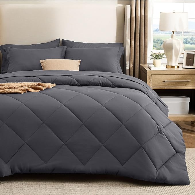 Bedsure 7 Pieces Full Comforter Set Premium Series, Hotel Luxury Soft Bed in a Bag, Goose Down Alternative, Safe for Sensitive Skin Bedding Comforter All Season Medium Warmth, Dark Grey Full Size