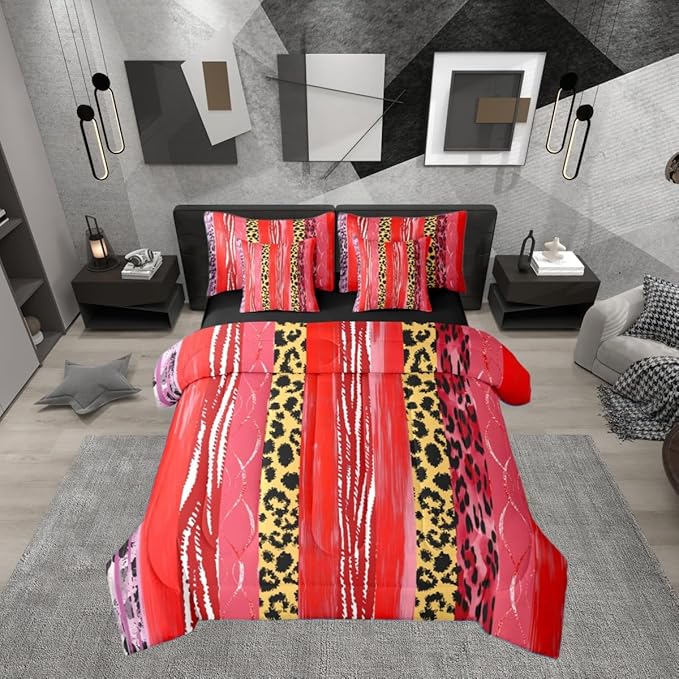 Erosebridal Stripe White Gold Red Leopard Print Women Full Comforter Set 7 Pieces | Geometric Cheetah Fur Bed in A Bag for Bedroom Animal Skin Pattern Bedding Set with Comforters Men Adults Room Decor