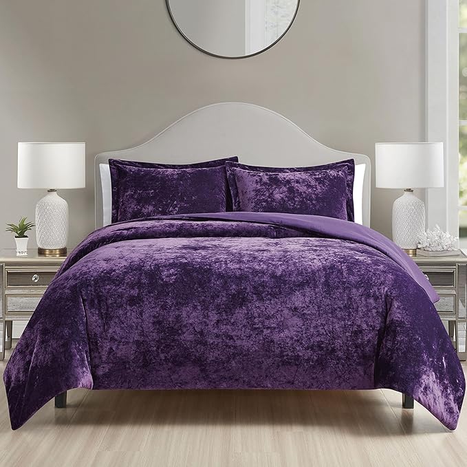 Luxury Velvet King Comforter Set, 3 Pieces Reversible Comforters King Size with 2 Pillow Shams, Brushed Solid Microfiber Back, All Season Cozy, Soft, Warm, Lightweight (Purple, 104x90 Inch)