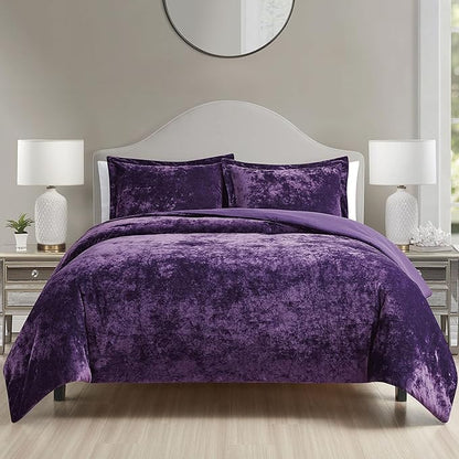 Luxury Velvet Queen Comforter Set, 3 Pieces Reversible Comforters Queen Size with 2 Pillow Shams, Brushed Solid Microfiber Back, All Season Cozy, Soft, Warm, Lightweight (Purple，90x90 Inch)