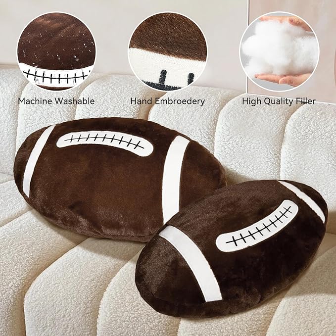 Football Pillow, 2 Pcs Soft Football Plush Throw Pillows, Cute Football Party Decorations Fluffy Sports Pillows for Bedroom Decor Valentines Day Gifts (20In)