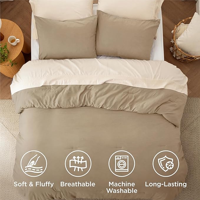 Bedsure California King Comforter Set, Khaki Soft Prewashed Bedding for All Seasons, 3 Pieces GentleSoft™ Bed Set, 1 Lightweight Comforter (104"x96") and 2 Pillowcases (20"x36")
