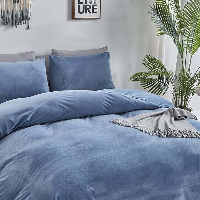 Cottonight Blue Velvet Comforter Set King Lake Blue Flannel Bedding Set Winter Warm Heavyweight Blanket Quilts Modern Winter Warm 3 Piece Comforter Set for King Bed