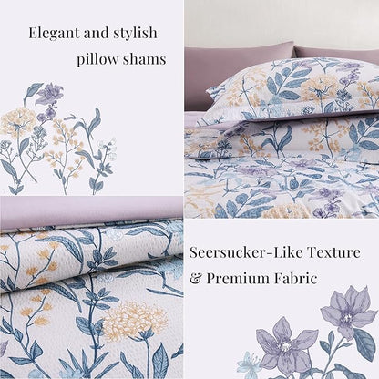 CASAAGUSTO Queen Comforter Set, 7 PCS Purple Iris Floral Comforter Set with Flowers Leaves Pattern, Soft Seersucker Design All Season Queen Size Bedding Set(90"X90")