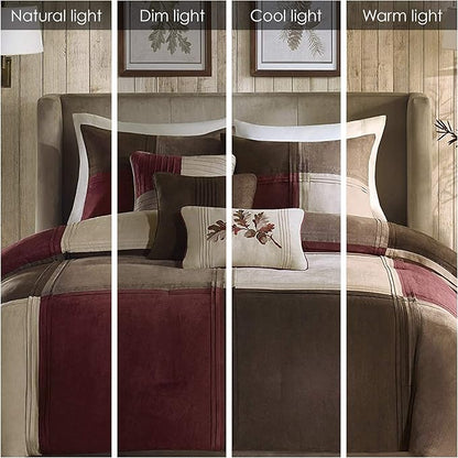 Madison Park Cozy Comforter Set Casual Blocks Design All Season, Matching Bed Skirt, Decorative Pillows, Cal King(104"x92"), Red Brown, 7 Piece