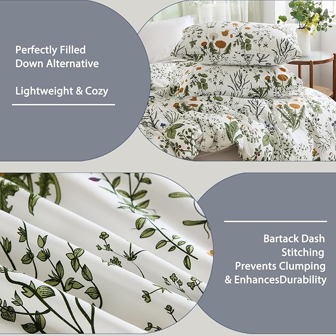 Green Comforter Set King, 100% Cotton Reversible Floral Pattern Comforter Set 3 Pcs Soft Cotton Lightweight Comforter All Season Soft & Breathable Green Bedding Set