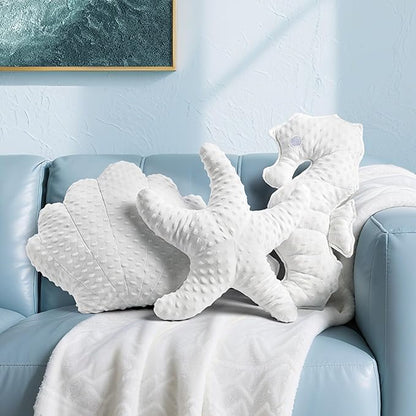 AELS Coastal Throw Pillows Set of 2, Starfish Seahors Pillows, Beach Ocean Nautical Themed Smooth Soft Minky Decorative Throw Pillows, Cute Pillow for Couch Sofa Bed Living Room Bedroom Nursery, White
