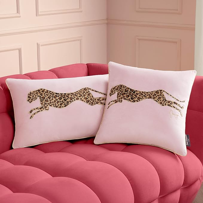 Juicy Couture Reversible Velvet Cheetah Pillow, 18" x 18" Decorative Pillow, Blush Pink