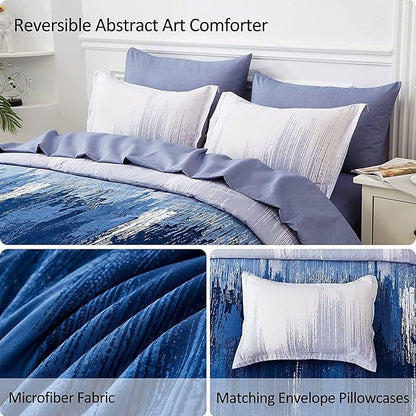 WONGS BEDDING Navy Blue Comforter Set Queen,7 Pieces Bed in a Bag Abstract Art Gradient Comforter Soft Microfiber Bedding Set with Comforter, Flat Sheet, Fitted Sheet, Pillow Shams,Pillowcases