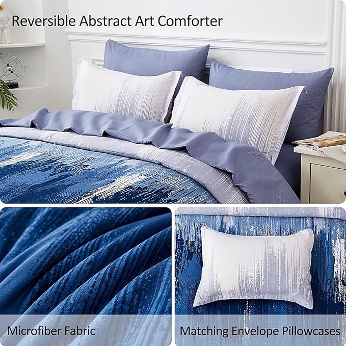 WONGS BEDDING Navy Blue Comforter Set King,7 Pieces Bed in a Bag Abstract Art Gradient Comforter Soft Microfiber Bedding Set with Comforter, Flat Sheet, Fitted Sheet, Pillow Shams,Pillowcases