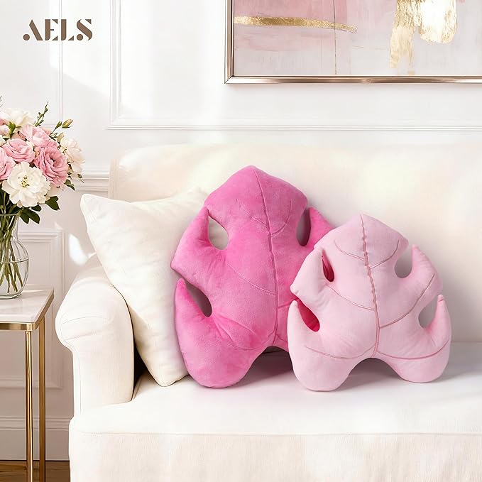 AELS Set of 2 3D Leaves Decorative Valentine Throw Pillows, 18" & 14" Monstera Deliciosa Plush Pillow Set for Plant Lovers Garden Lovers, Living Room Bedroom Nursery Decor, Pale Pink & Hot Pink