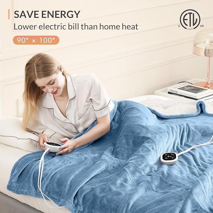 HOMLYNS LuxeHeat Heated Blanket Electric Blanket King Size, Soft Flannel Sherpa Heating Blanket with 10 Heat Settings, 1-10 hrs Timer Auto Shut Off (90x100 inches, Blue)