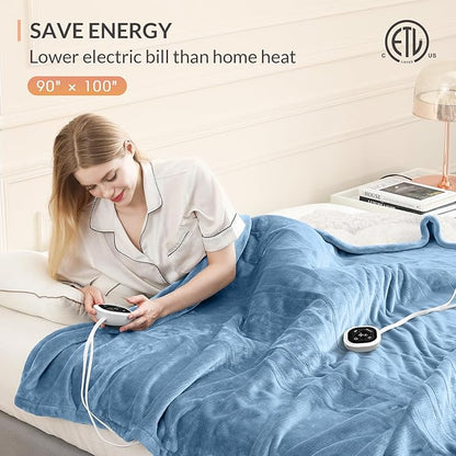 HOMLYNS LuxeHeat Heated Blanket Electric Blanket King Size, Soft Flannel Sherpa Heating Blanket with 10 Heat Settings, 1-10 hrs Timer Auto Shut Off (90x100 inches, Blue)