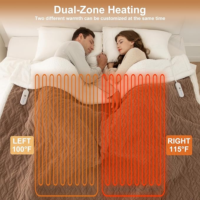 Electric Blanket Queen Size 84"X90" Brown - Soft Thick Warm Sherpa Heated Blanket for Winter with Dual Control, 5 Heating Levels & 10hrs Auto Off, Machine Washable & ETL Certified for Bed