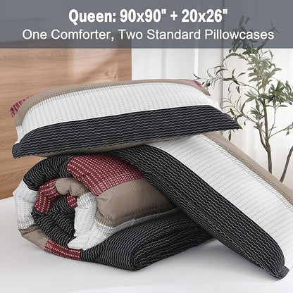 Litanika Queen Comforter Set Red Black - 3 Pieces Lightweight Fluffy Bedding Comforter Sets, All Season Down Alternative Comforter (1 Comforter, 2 Pillowcases)
