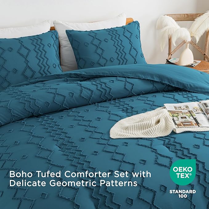 Andency Teal Tufted Comforter Set Queen(90x90Inch), 3 Pieces(1 Boho Comforter, 2 Pillowcases) Textured Farmhouse Bed, Soft Microfiber Down Alternative Geometric Bedding Set