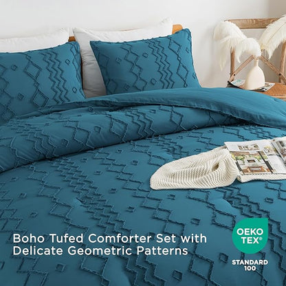 Andency Teal Tufted Comforter Set Full(79x90Inch), 3 Pieces(1 Boho Comforter, 2 Pillowcases) Textured Farmhouse Bed Set, Soft Microfiber Down Alternative Geometric Bedding