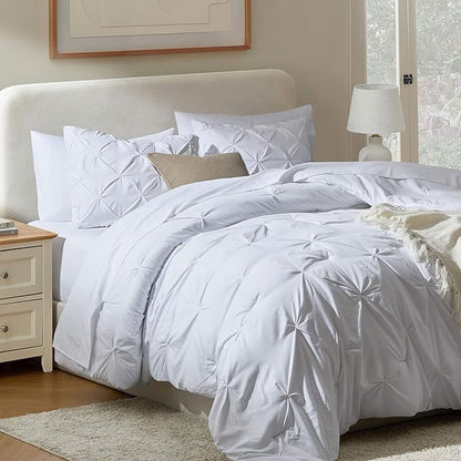Nestl Comforter Set 7 Piece - Pinch Pleated Bedding Sets Full White, All Season Bed in a Bag Bed Set with Pillowcases and Shams