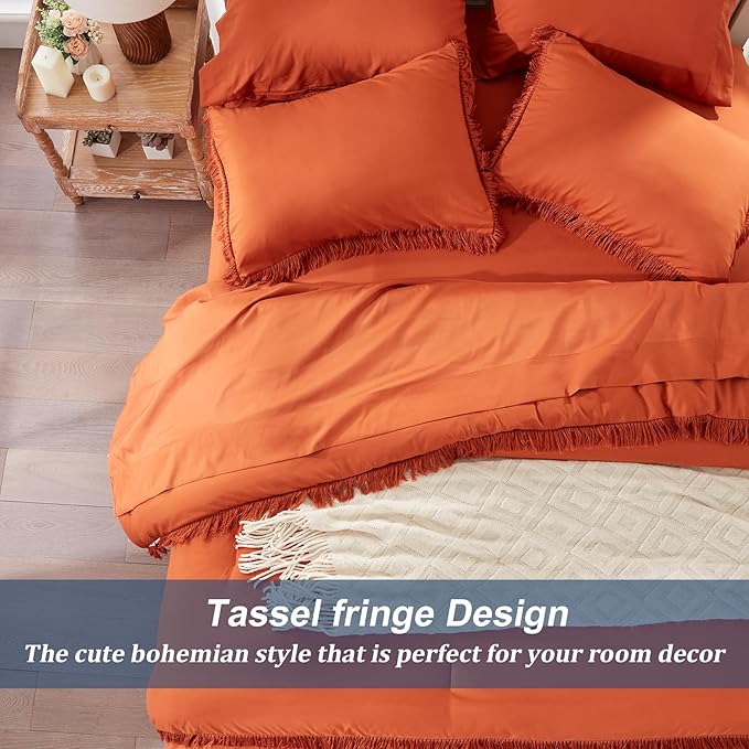 Anluoer Queen Comforter Set 7 Piece with Sheets, Burnt Orange Boho Bed in a Bag Queen, Lightweight Terracotta Bedding Sets