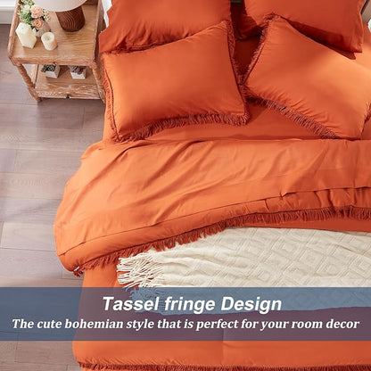Anluoer Queen Comforter Set 7 Piece with Sheets, Burnt Orange Boho Bed in a Bag Queen, Lightweight Terracotta Bedding Sets