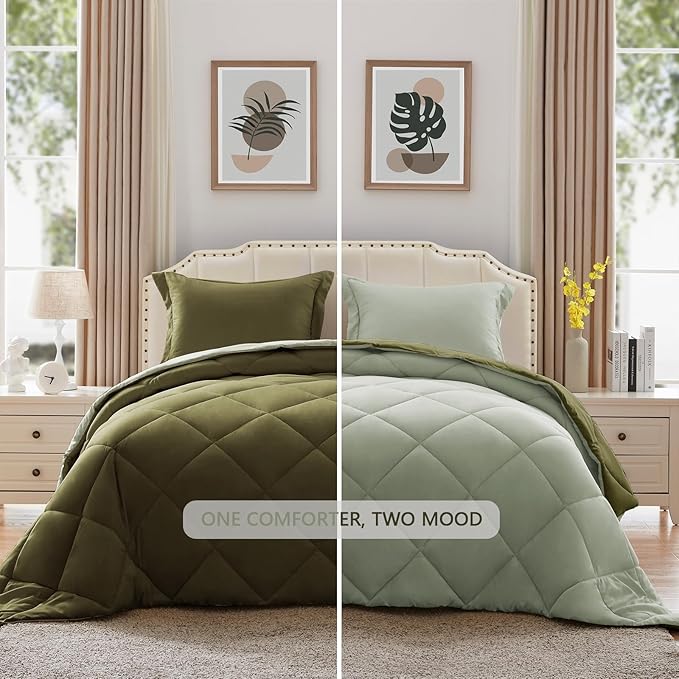 NexHome Queen Comforter Set Olive&Sage,3 Pieces Lightweight Comforters Queen Size Reversible Bedding Comforters Sets,Down Alternative Comforter Bed Set Quilt Blanket(88x88In Comforter & 2 Pillowsham)