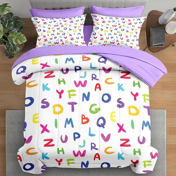 Comforter Set Queen Size, Kids Alphabet 7 Pcs Bedding for Kids and Adults, Multicolored English Preschool Bed Sheet Sets with Fitted Sheet 2 Pillowcases & 2 Shams for Bedroom Bed Decor