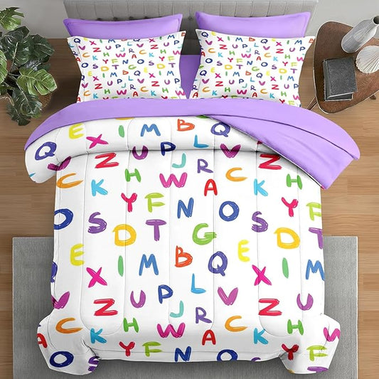 Comforter Set Twin Size, Kids Colorful Alphabet 5 Pcs Bedding for Kids and Adults, Multicolored English Preschool Bed Sheet Sets with Fitted Sheet Pillowcase & Sham for Bedroom Bed Decor