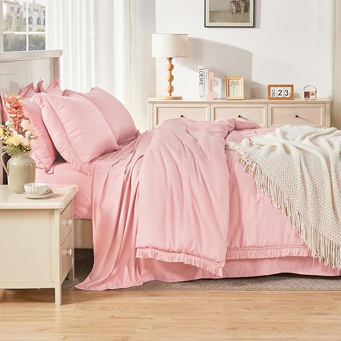Andency King Size Comforter Set with Sheets Light Pink - 7 Pieces Bed in a Bag Boho Soft Lightweight Bedding Sets, Tassel Bed Set with Comforter, Sheets, Pillowcases & Shams