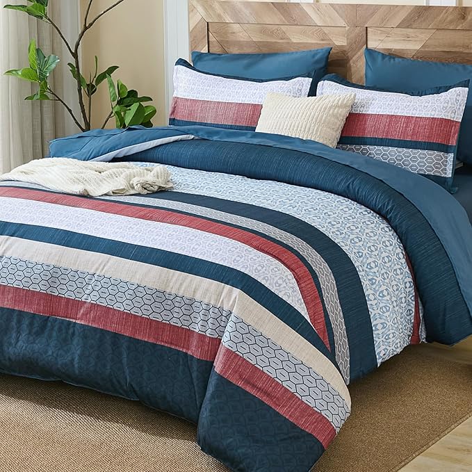 DJY Blue Comforter Set Queen Size,Boho Striped Queen Bed Set,7 Piece Patchwork Soft Microfiber Bedding Set for All Season(90"×90")
