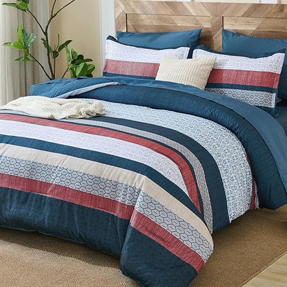 DJY Blue Comforter Set Queen Size,Boho Striped Queen Bed Set,7 Piece Patchwork Soft Microfiber Bedding Set for All Season(90"×90")