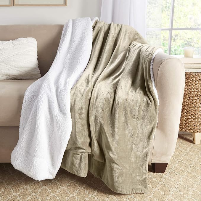 Genteele Sherpa Throw Blanket Super Soft Reversible Ultra Luxurious Plush Blanket, 60 x 70 inches, Taupe/White