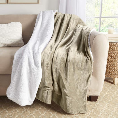 Genteele Sherpa Throw Blanket Super Soft Reversible Ultra Luxurious Plush Blanket, 60 x 70 inches, Taupe/White