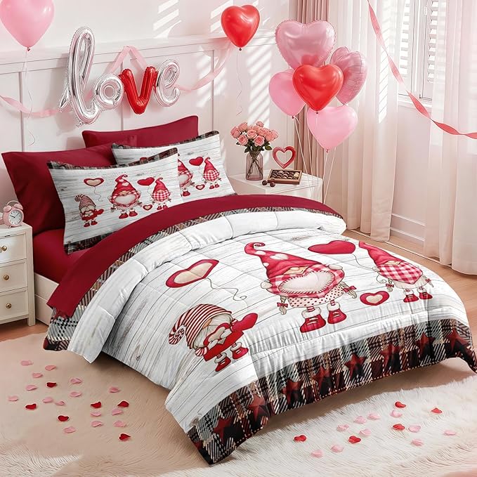 Nesker 7 Pcs Valentine's Day Comforter Set King Size, Cute Gnome Romantic Bedding Set for Kids and Adults, Christmas Love Funny Bed Sheet Sets with Fitted Sheet 2 Pillowcases & 2 Shams