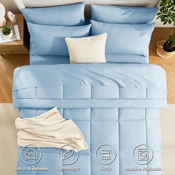 CozyLux Queen Size Comforter Sets Baby Blue, 7 Pieces Bed in a Bag, Blue Comforter Queen Size, All Season Bedding Sets with Stitch Quilted Comforter, Flat Sheet, Fitted Sheet, Pillowcases