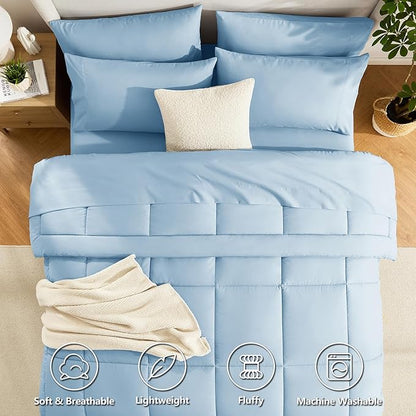 CozyLux Queen Size Comforter Sets Baby Blue, 7 Pieces Bed in a Bag, Blue Comforter Queen Size, All Season Bedding Sets with Stitch Quilted Comforter, Flat Sheet, Fitted Sheet, Pillowcases