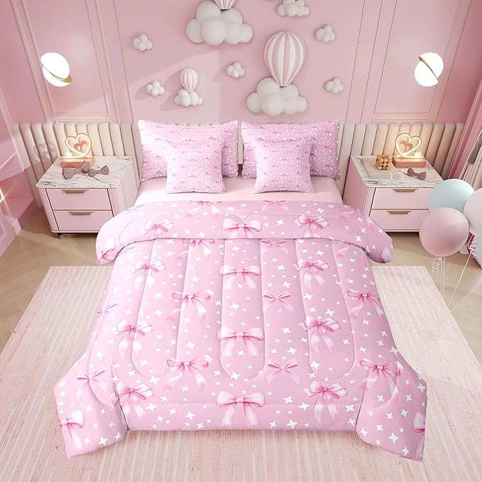 Erosebridal Pink White Starry Girly Bowknot King 7-Piece Comforter Set | Kawaii Bow Cute Dreamy Sheets and Pillowcases Princess Ribbon Bed in A Bag Women Kids Bed Sets