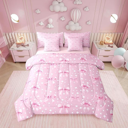 Erosebridal Pink White Starry Girly Bowknot King 7-Piece Comforter Set | Kawaii Bow Cute Dreamy Sheets and Pillowcases Princess Ribbon Bed in A Bag Women Kids Bed Sets
