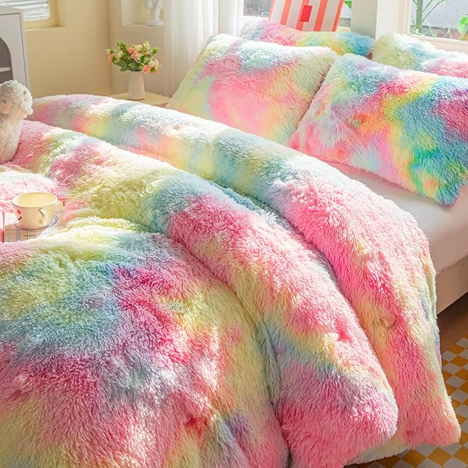chovy Faux Fur Plush Tie-Dyed Colorful Pink Comforter Sets Full/Queen - Ultra Soft Shaggy Flannel Velvet Fluffy Fuzzy 3PC Bedding Set （Comforter x 1 Pillowcases x 2）