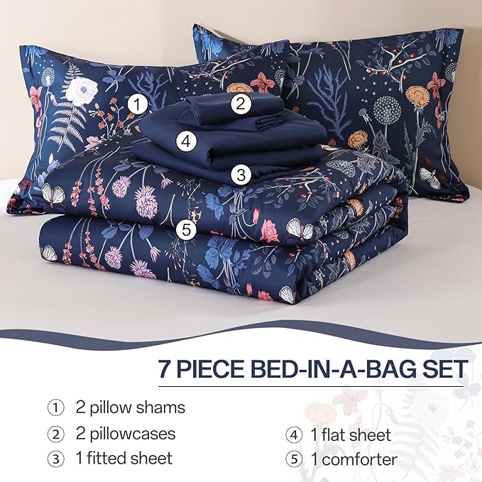 Yiran King Size Comforter Set, 7 Pieces Navy Blue Floral Soft Bedding Sets, King Bed in a Bag with Botanical Flowers Winter Comforter, Sheets, Pillowcases & Shams
