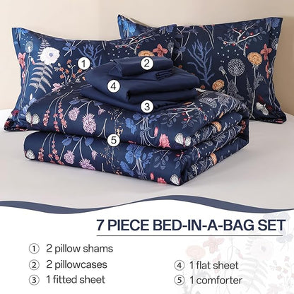 Yiran Queen Comforter Set, 7 Pieces Navy Blue Floral Soft Bedding Sets, Queen Bed in a Bag with Botanical Flowers Winter Comforter, Sheets, Pillowcases & Shams