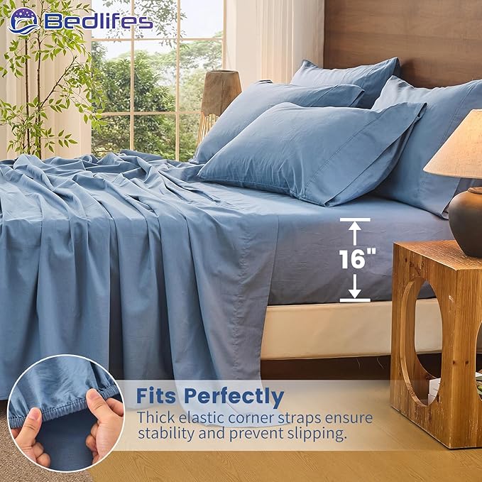 Bedlifes 100% French Pure Linen Sheets Queen Size Breathable and Cooling Flax Sheet Set Soft Durable and Moisture Wicking 16 Inch Deep Pocket-4 Piece(Queen,Flint Blue)