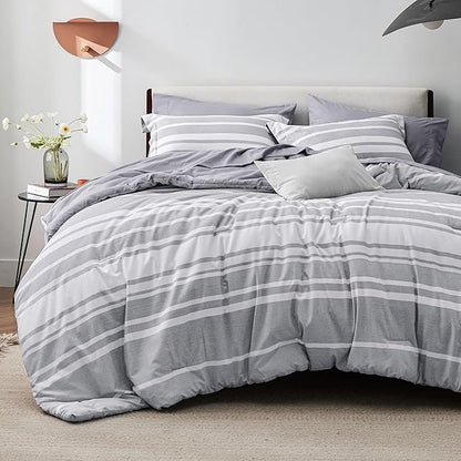 Bedsure Full Comforter Set 7 Pieces, Grey Striped Bedding Set for All Seasons, Reversible, Cationic Dyeing Bed in a Bag with Comforter, Sheets, Pillowcases & Shams
