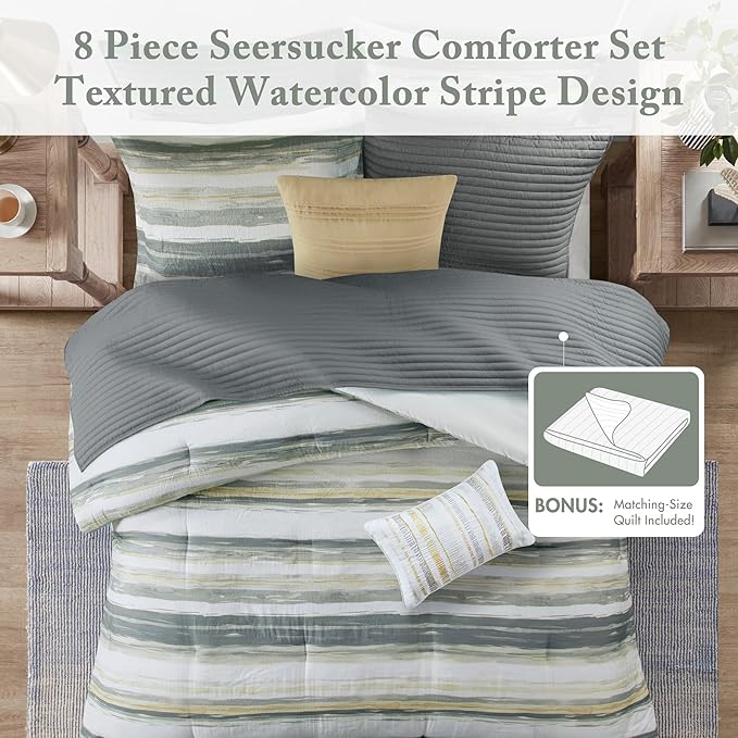Madison Park Marina Comforter Quilt Combo Set - Modern Luxury Design, All Season Down Alternative Bedding, Matching Shams, Decorative Pillows, Full/Queen(90"x90"), Yellow 8 Piece