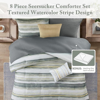 Madison Park Marina Comforter Quilt Combo Set - Modern Luxury Design, All Season Down Alternative Bedding, Matching Shams, Decorative Pillows, King/Cal King(104"x92"), Yellow 8 Piece